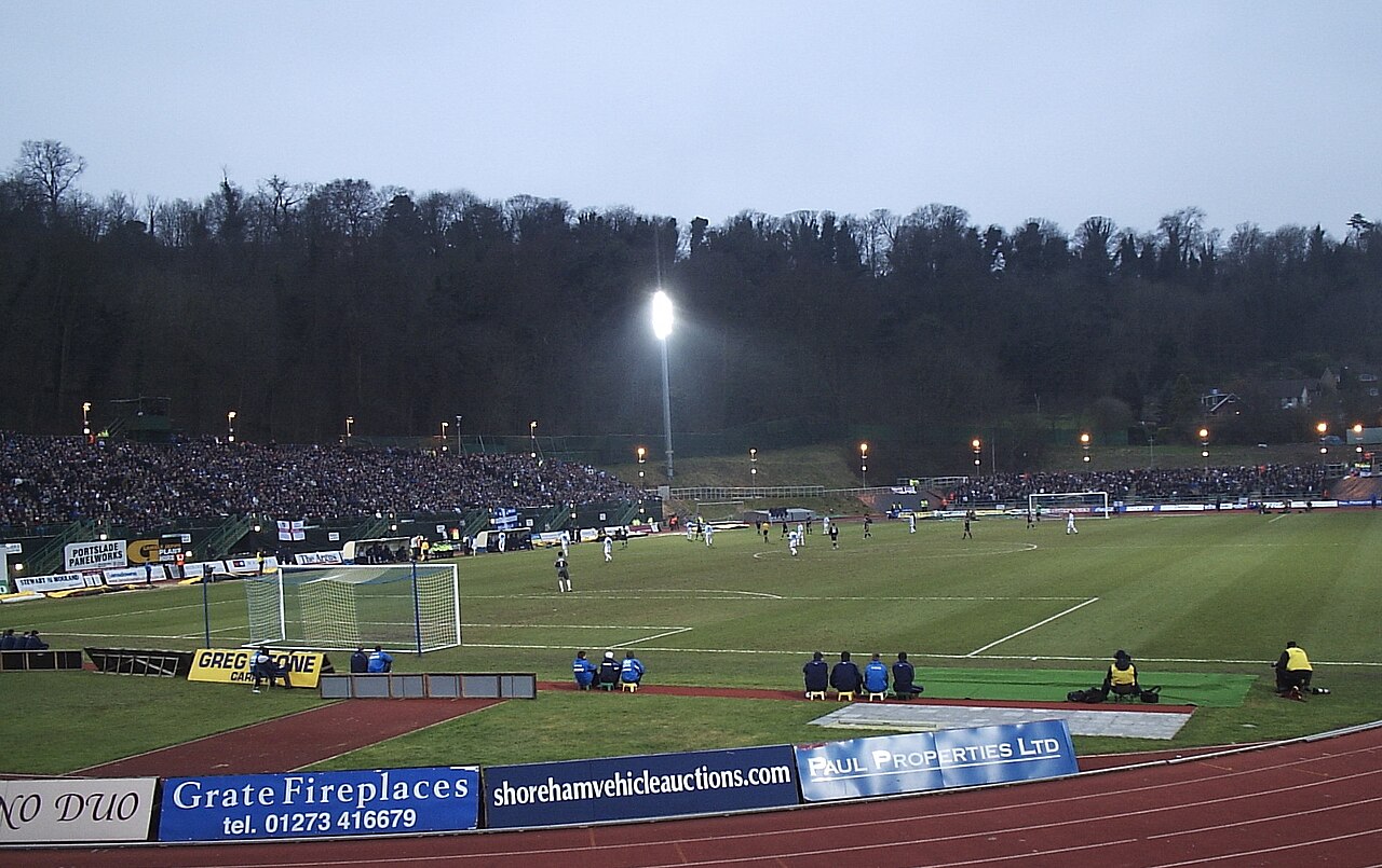 Withdean Stadium, Brighton's former home, with its athletics track and temporary seating